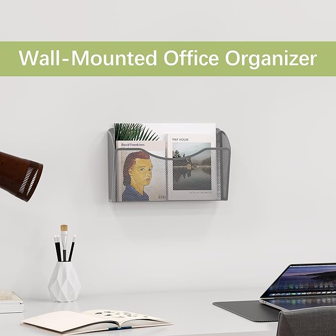 EasyPAG Single Pocket Wall File Organizer, Mesh Hanging File Folder Organizer for Letter/A4 Size Folders, Wall Mounted Vertical Mail Holder for Paperwork, Office, Home, School, Silver