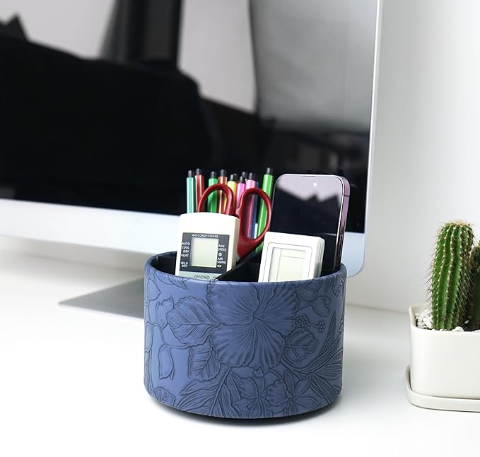 Hennaja Round Leather Art Supply Organizer,Remote Control Holder,360 Degree Spinning,Multi-Functional Pencil Holder,4 Compartments Desktop Stationary Organizer(1-Carved Blue)