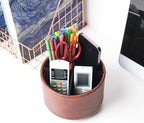 Hennaja Round Leather Art Supply Organizer,Remote Control Holder,360 Degree Spinning,Multi-Functional Pencil Holder,4 Compartments Desktop Stationary Organizer(1-Crazy Red)