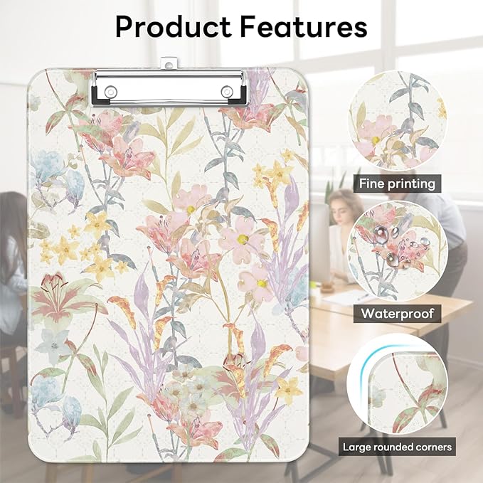 Luminzo Plastic Cute Clipboard Low-Profile Metal Clip, A4 Letter Size 9 x 12.5 in, 8.5 x 11 Paper Clip Board for Teachers, Nurses, Classroom,Botanical Print