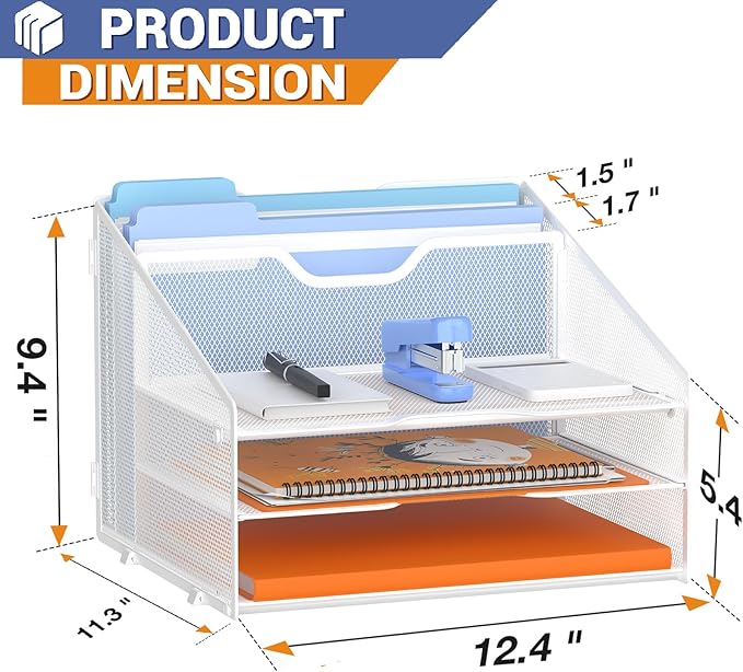 GAWERK Letter Tray Organizer, Mesh Desk File Organizer with 3 Paper Trays and 2 Vertical Upright Section (White)
