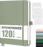 AHGXG Bullet Dotted Journal - Dot Grid Notebook Journal, 120 GSM Thick Acid-Free Paper, A5 Dotted Notebook 160 Pages, Leather Hardcover, Inner Pocket, Journal Stencil, 5.7'' × 8.3'' - Sage Green