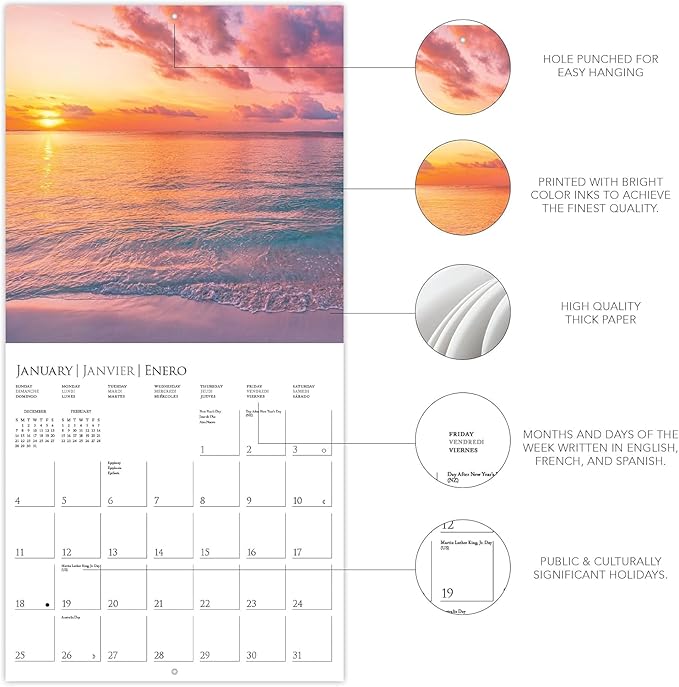 Graphique 2026 Sunsets Wall Calendar | 12” x 12” | Thick Paper | Home & Office Organizer | Large Monthly Grid | 3 Languages & Marked Holidays | 4 Month Preview Page for 2027