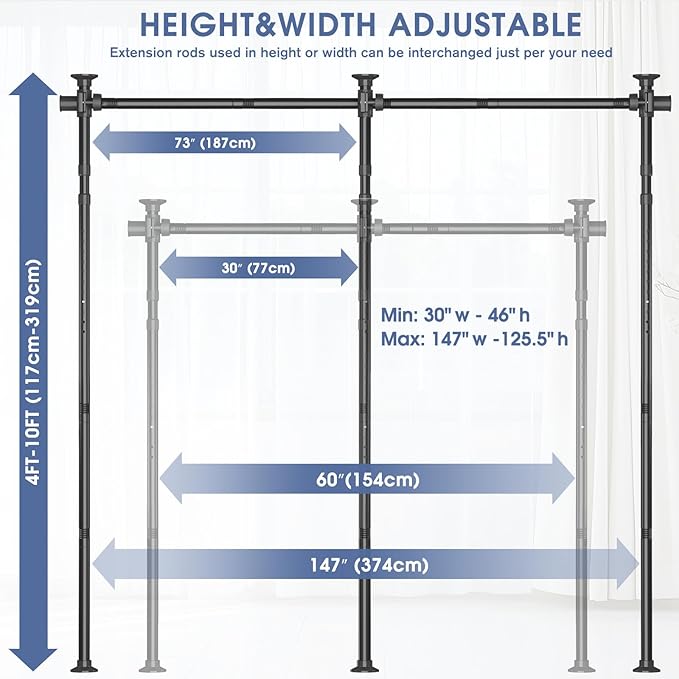 AKTOP Room Divider, No Drilling Curtain Tension Rods Wall Divider for Room Separation, 4-10ft(H) 30-147"(W) Adjustable, Heavy Duty Floor to Ceiling Space Separator Privacy Dividers for Rooms, Black