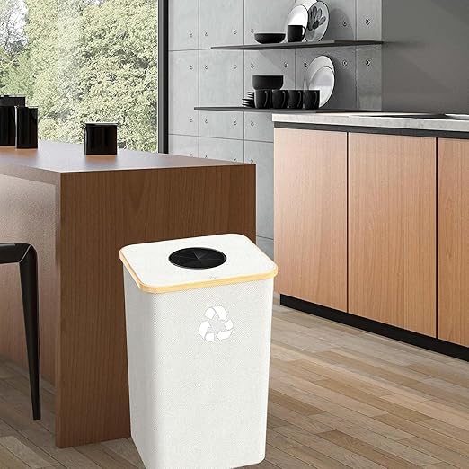 Pakusane Recycling Bin for Kitchen Indoor Home,Beige Color Large 100L/ 26 Gallon Recycle Bin with Lid Removeable Reusable Inner Bag Bottle Can Glass Waste Plastice Stickers