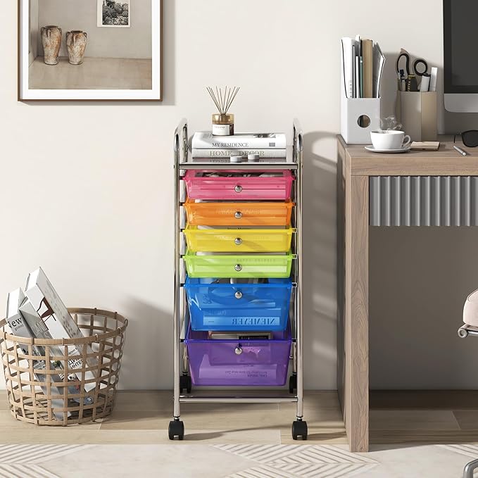 RELAX4LIFE 6-Drawer Rolling Storage Cart - Classroom Organization on Wheels w/Removable Plastic Drawers, Mobile Art Craft Cart for School Paper Home Office, Utility Cart with Drawers (Color)