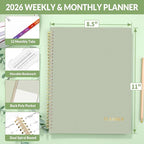 SUNEE 2026 Weekly and Monthly Planner - from January 2026 - December 2026, Daily Agenda Planner with Monthly Tab, Flexible Cover, Note Pages, Pockets, Bookmark, Spiral Binding, Sage Green, 8.5"x11"
