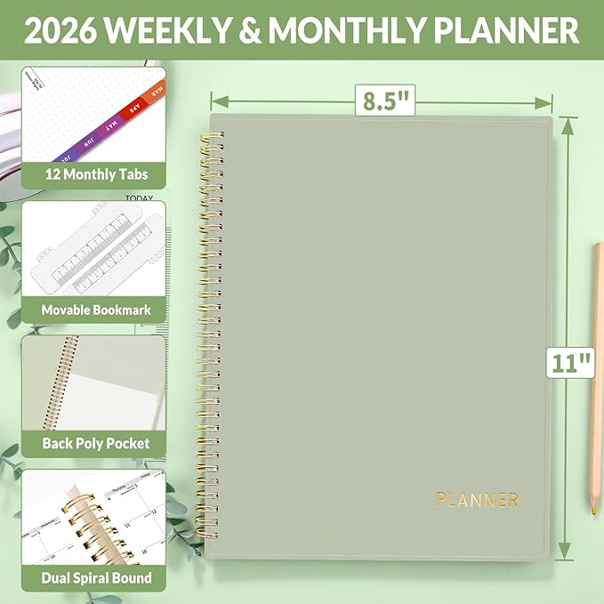 SUNEE 2026 Weekly and Monthly Planner - from January 2026 - December 2026, Daily Agenda Planner with Monthly Tab, Flexible Cover, Note Pages, Pockets, Bookmark, Spiral Binding, Sage Green, 8.5"x11"