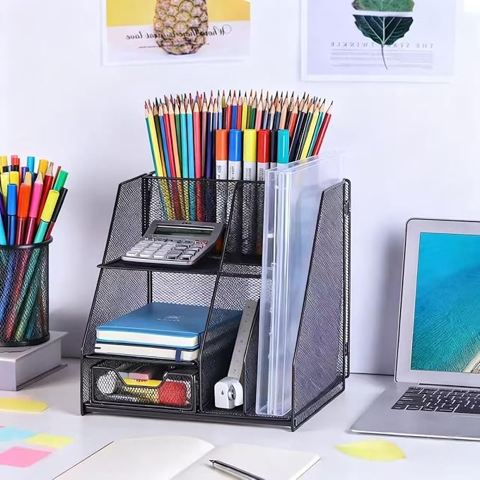 Black Mesh Desk Organizer Set, 3-in-1 Office Organizer with File Holder, Drawer & Accessories Tray, Multi-functional Desktop Storage for Stationery, Documents, Home & Office
