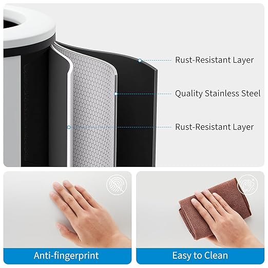 Takywep Stainless Steel Open Top Trash Can, 10.6 Gallon Cylindrical Touch-Free Direct Toss Bin with Soft-Close Lid, Anti-Fingerprint Easy-Clean for Kitchen Office Bathroom (White)