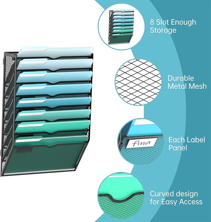 SUPEASY 8-Tier Wall File Organizer, Hanging Wall Files for Papers, Folders, Magazines, Wall Organizer for Clipboard, Assembly Needed, Black