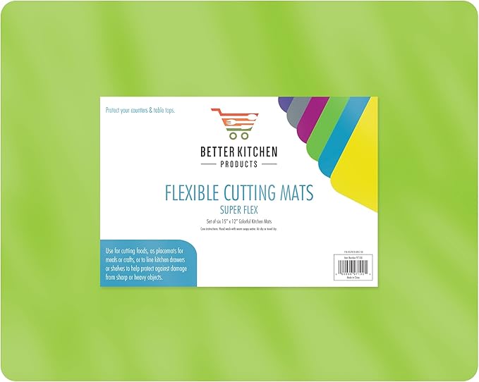 Better Kitchen Products Flexible Plastic Cutting Board Mats, Set of 6, Textured, 6 Vivid, Translucent Colors Assorted
