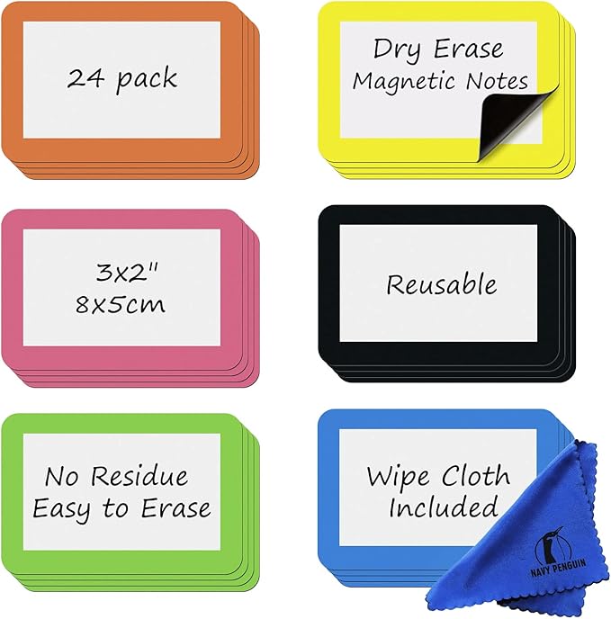 Dry Erase Magnets Set - 24 Pack - 3x2 in Whiteboard Magnetic Notes Planning Pads Labels - Small White Board Magnet Strips Name Tags for Home and Office