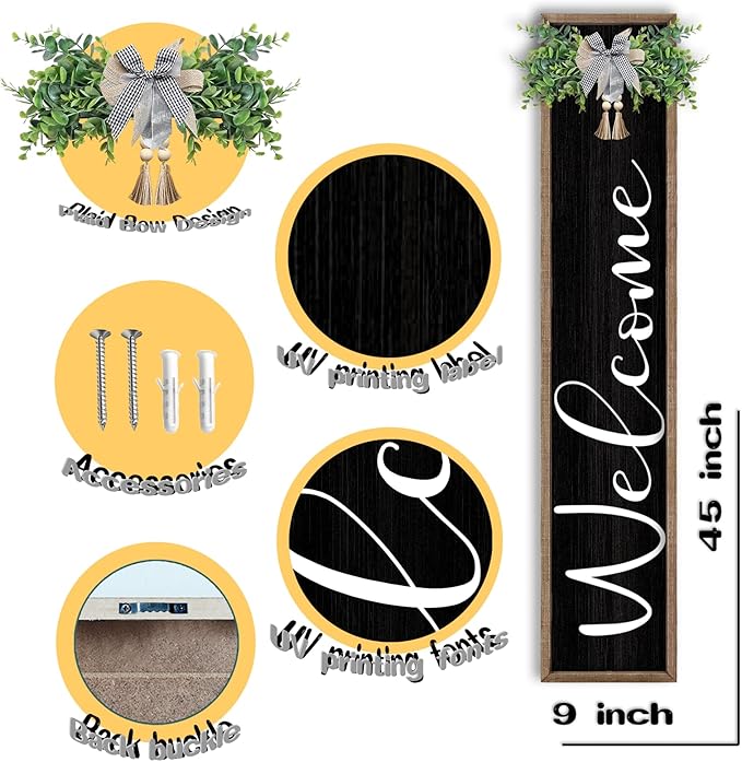 LuZhiQiang Front Porch for Welcome Standing Sign 45"X9" Vertical Tall Long Leaner Wood Framed Outdoor Front Door Sign Decor (Wood Black)