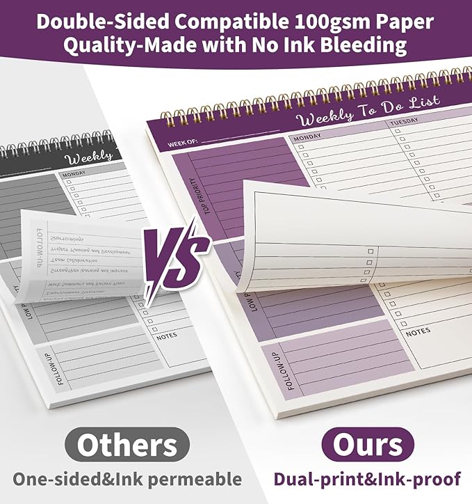 ALKALO Weekly To Do List Notepad, 52 Undated Sheets （8.5"×11") Duplex-Printed Weekly Desk Planner For Work Home School Office Desk Accessories Supplies & Goal Setting Tasks - Purple