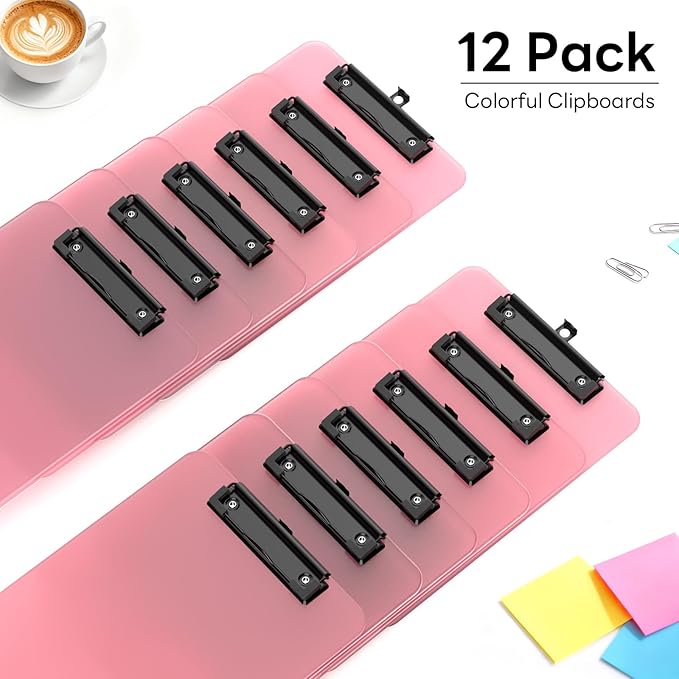 Zoenley A4 Plastic Clipboard Set of 12, Pink 12.5 x 9 Letter Size for Classroom, Students, Teacher, Nurse, A4 Clear 8.5 x 11 Clip Board with Low Profile Black Clip, Office & School Supplies