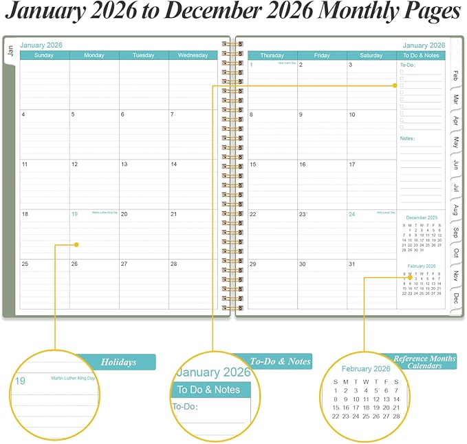 Daily Planner 2026 Full Page Per Day- 2026 Daily & Monthly Planner from January 2026 to December 2026, Day Planner 2026 with 12 Months Tabs, 8.5" x 11", Green