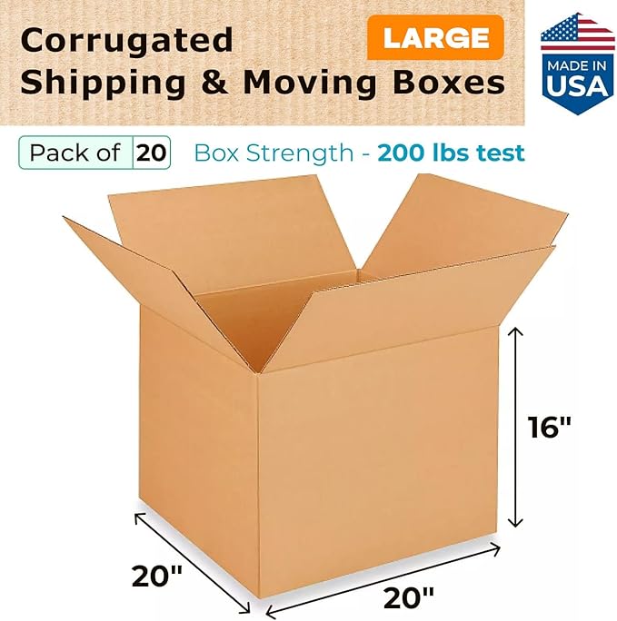 Extra Large Shipping & Moving Boxes 20"L x 20"W x 16"H (20-Pack) - Extra Strength 200 lb vs Regular - Corrugated Packing Boxes for Moving - Packing Box - Large Box for Packaging by IDL Packaging