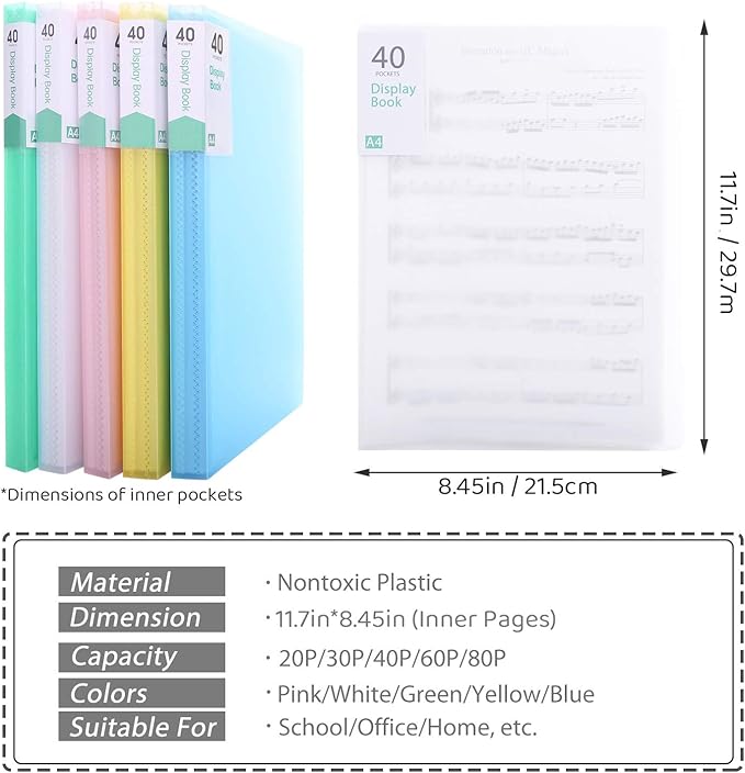 Phyxin 40-Pocket Portfolio Binder Organizer, Binder Sheet Protectors 8.5" x 11", Displaying 80 Page Plastic Folders for Documents, Document Organizer for Concert, Artwork, School & Office Use, 5 Pack