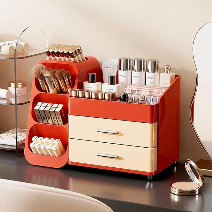KQJS Makeup Organizer with Drawers,Large Capacity Countertop Organizer for Vanity,Bathroom and Bedroom Desk Cosmetics Organizer,Easy To Storage Skincare,Brushes,Lotions,Lipstick (Red and Cream)