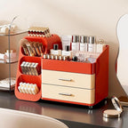 KQJS Makeup Organizer with Drawers,Large Capacity Countertop Organizer for Vanity,Bathroom and Bedroom Desk Cosmetics Organizer,Easy To Storage Skincare,Brushes,Lotions,Lipstick (Red and Cream)