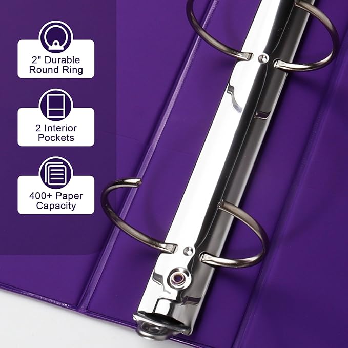 CIXILDTS 2-inch Round Ring Binder, Durable 2" 3 Ring Binder Fit Letter Size Paper, Purple, 6-Pack