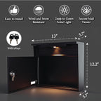Solar Wall Mount Mailbox for Outside - Auto LED Light at Dusk, Large Locking Mail Box (13 x 3.7 x 12.2 Inches) with Key, Secure Metal Mailboxes for House Outside, Waterproof & Rust-Proof