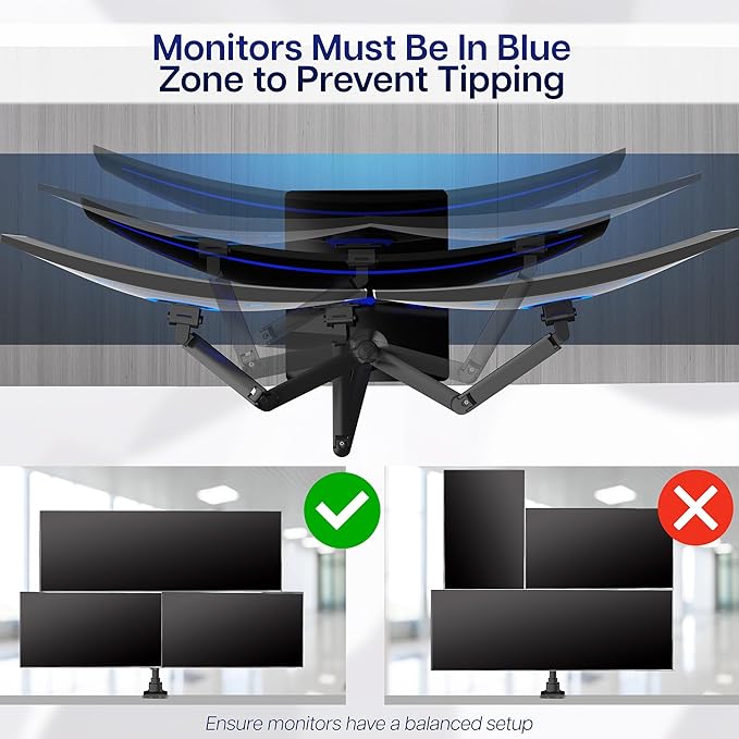 VIVO Pneumatic Arm Triple Ultrawide Monitor Desk Stand for Up to 49 inch Screens with Tempered Glass Base, Holds 3 Ultra Wides Up to 33 lbs Each, Black, STAND-V300FG
