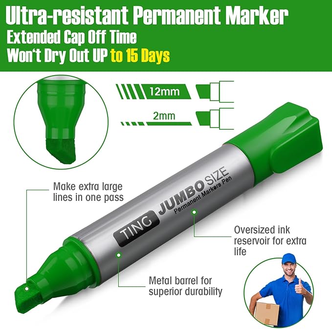 Fuutreo 10 Pack Jumbo Permanent Markers Bulk Large Chisel Tip Permanent Markers Quick Drying Waterproof Big Huge Poster Pens for Office, Logistics Company and More Adult(Grass Green)
