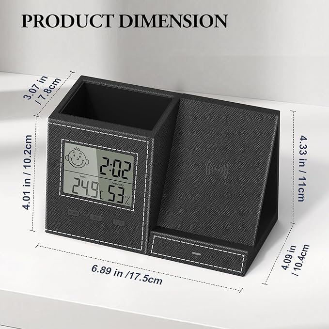 TopMade Wireless Charger with Pen Holder, Leather Desk Nightstand Organizer Home Office Supplies Pencil Holder Fast Charging Station, Digital Thermometer and Humidity Gauge Gifts for Men(Black)