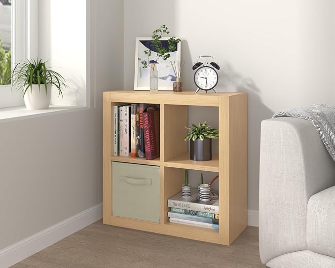 furtble Bookshelf with Storage Bin, 4-Cube Storage Organizer, Modern Wood Open Bookcase, Multifunctional Display Shelf for Living Room, Bedroom, Home Office, Oak