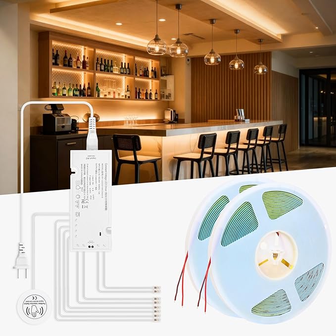 CUBITOR Under Cabinet Led Light Strip kit,2 Roll x 16.4ft Cuttable 3000K COB,Diffused Power with 8 JST & 2 Hardwired Outlets,Touch Sensor for Gun Safe Case,Book Shelf,Floating Shelf,Slat Wall Panel