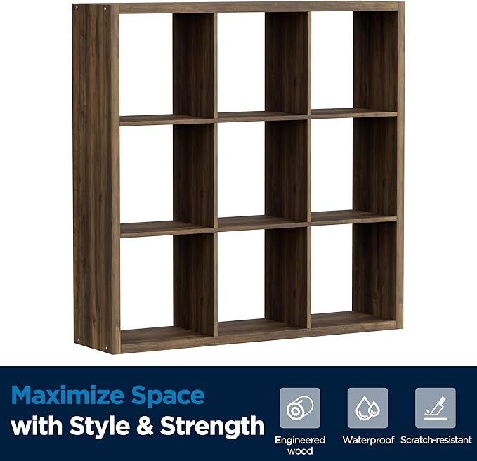 Jpiziso 9-Cube Storage Organizer, Wooden Cube Shelf Bookcase with Reinforced Thick Shelves, Heavy-Duty 36.93" L x 9.37" W x 36.93" H, for Living Room Bedroom Home Office, Brown