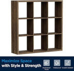 Jpiziso 9-Cube Storage Organizer, Wooden Cube Shelf Bookcase with Reinforced Thick Shelves, Heavy-Duty 36.93" L x 9.37" W x 36.93" H, for Living Room Bedroom Home Office, Brown