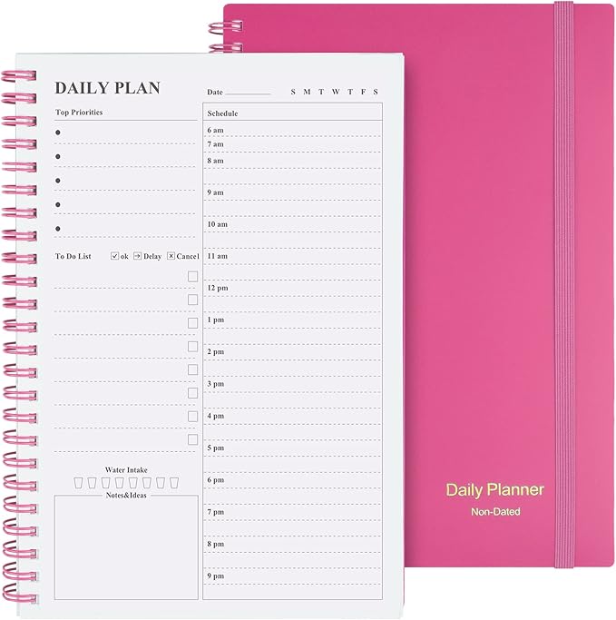Daily Planner Undated, Asten To Do List Notebook Hourly Schedules Spiral Appointment Planner for Men and Women,PVC Hardcover,Elastic Closure, Inner Pocket 8.3" x 5.8" (Pink)