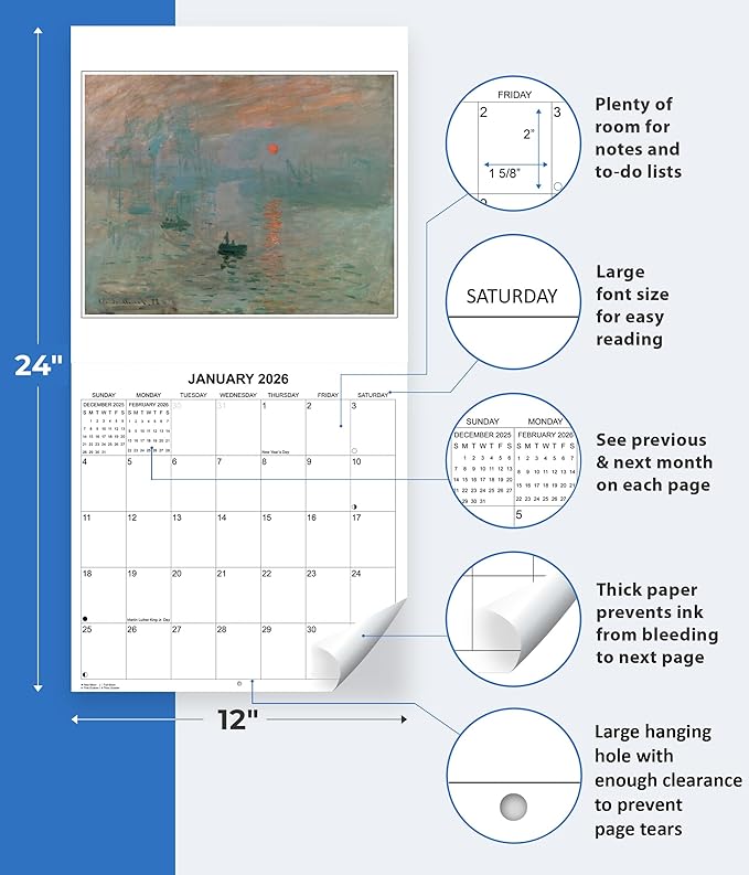 2026 Claude Monet Artwork Monthly Wall Calendar | Iconic Monet Paintings Calendar 2025-2026