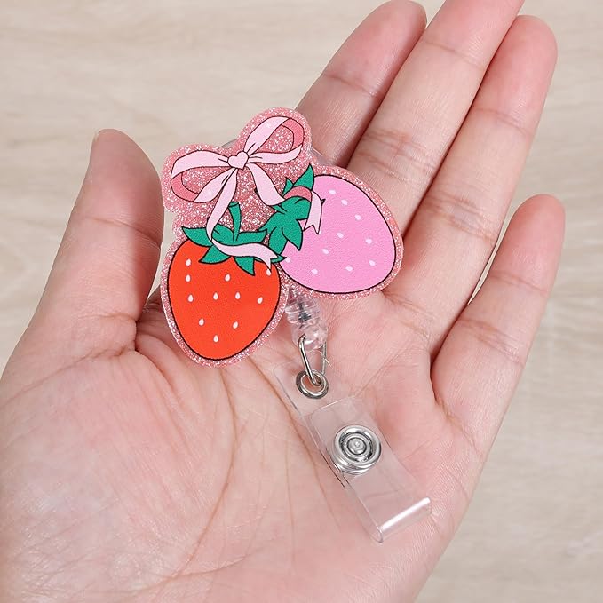 Pink Bow Strawberry Badge Reel | Cute Retractable ID Card Badge Holder | Name Tag Work Badge Clip for RN LPN CNA MA ER Night Shift Nurse Nursing Student Doctor | Nurse Gifts | Acrylic｜Alligator Clip