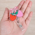 Pink Bow Strawberry Badge Reel | Cute Retractable ID Card Badge Holder | Name Tag Work Badge Clip for RN LPN CNA MA ER Night Shift Nurse Nursing Student Doctor | Nurse Gifts | Acrylic｜Alligator Clip