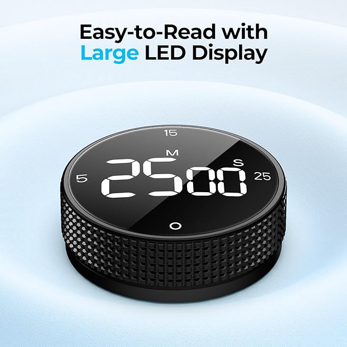 Allbean Magnetic Kitchen Timer for Cooking with Loud Alarm - Large LED Display Rotating Countdown Pomodoro Timer, Preset 5/15/25 Mins Easy for Seniors and Kids，for Baking Grilling Studying