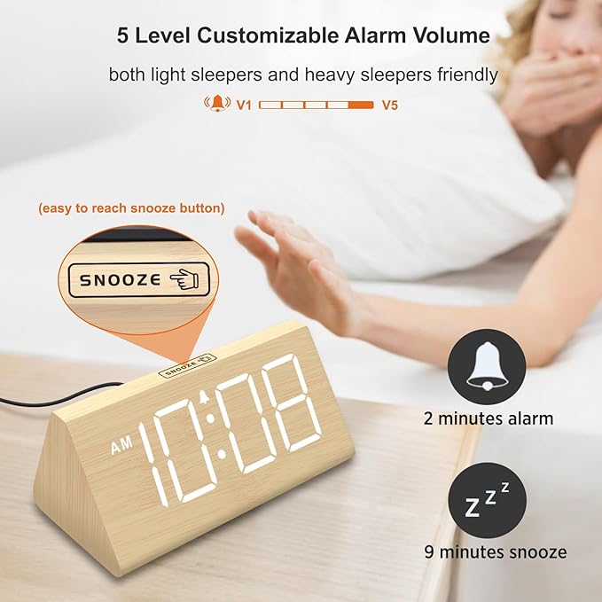 DreamSky Wooden Digital Alarm Clock for Bedroom - RGB Electric Desk Clock with Large Numbers, USB Port, Loud Alarm for Heavy Sleepers, Dimmer and Volume Control, Snooze, Wood Décor, Adapter Powered