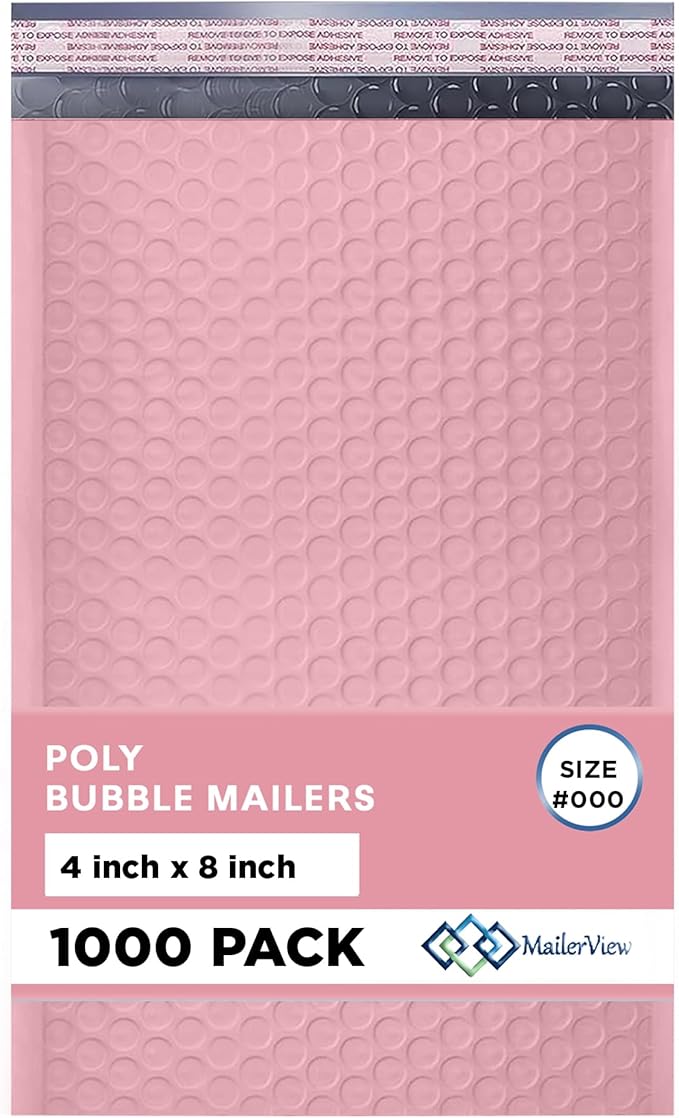 MAILERVIEW Light Pink Small Bubble Mailers 4x8 Inch #000 | Thick Padded Poly Bubble Mailer Envelopes | 1000 Pack Bulk | Trading Card Sports Card Shipping