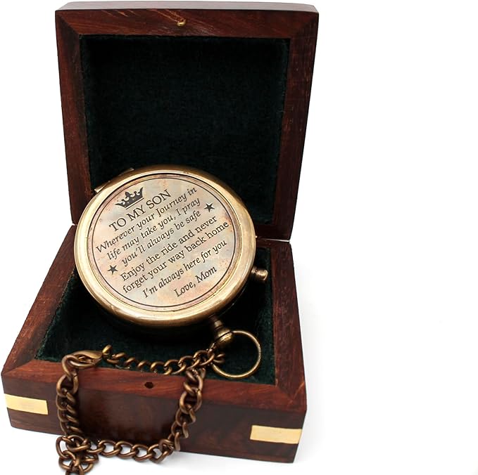 US HANDICRAFTS Brass Compass with Wooden Case | Engraved Compass from Mom to Son | Graduation Gift, Birthday, Inspirational Travel Keepsake