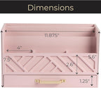 BLU MONACO Pink Wooden Desk Organizer With Storage Drawer and Gold Handle | Desktop Mail Sorter and Stationery Holder for Home Office | 4.6” x 12.4” x 7.5” Multi-Compartment Accessory Organizer