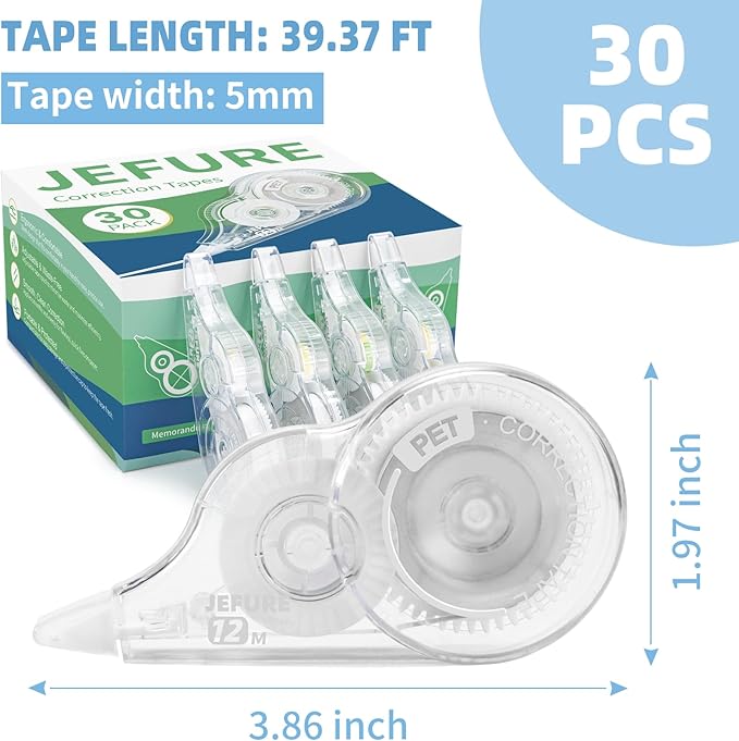 JEFURE 30 Pcs Correction Tape, 39.4 Ft White Wrong Out Tear-Resistant Bulk, Instant Corrections Easy To Use Applicator for School, Office, Note Taking, Journal (Tape Width 0.2 in, Clear)