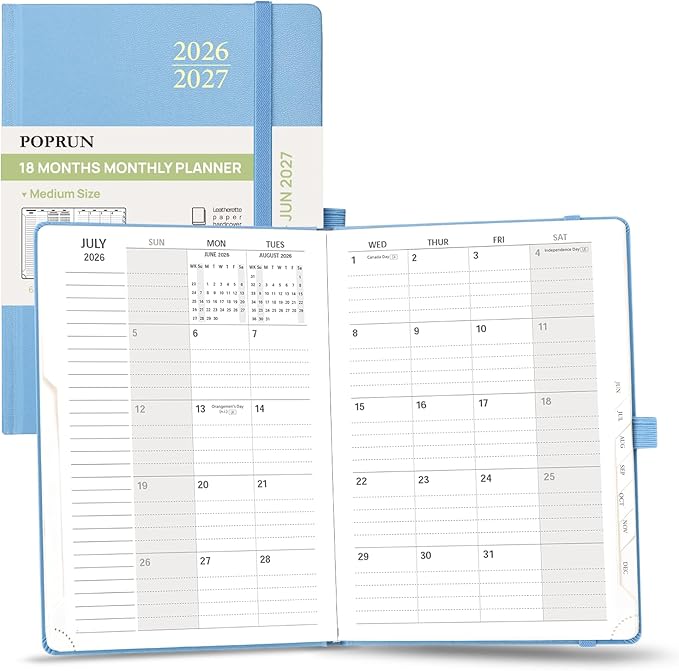 POPRUN Monthly Planner 2026-2027, Medium-6.25'' x 8.5'', 18-Month Calendar Book (Jan.26 - Jun.27), Calendar Planner with Monthly Tabs, Storage Pocket, Hardcover, 100 GSM Paper - Haze Blue