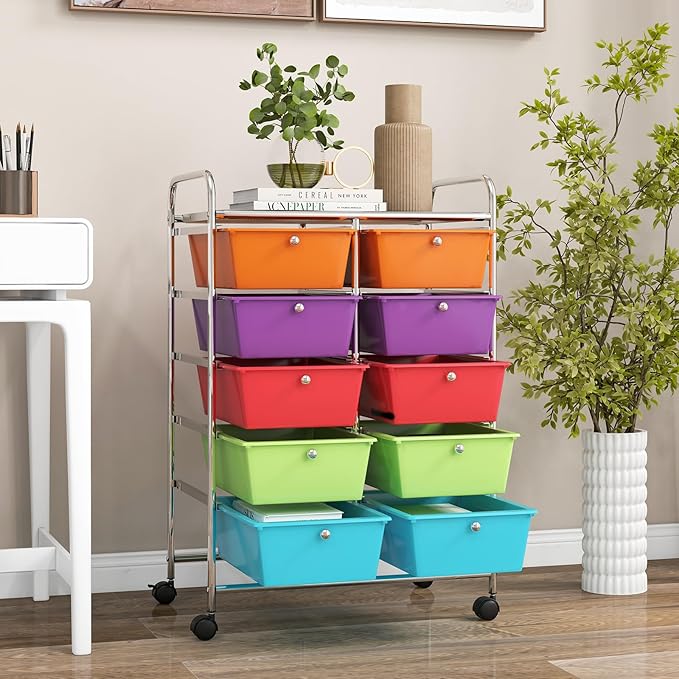 GOFLAME 10-Drawer Rolling Storage Cart, Art Craft Storage Organizer on Wheels, Multipurpose Movable Utility Cart for School, Office and Home, Multicolor