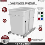 Rev-A-Shelf RV-18KD-2218C-S Double Pullout Trash Cans for Kitchen Cabinets 35 Quart Garbage Recycling Bin on Full Slides, Blue/Black