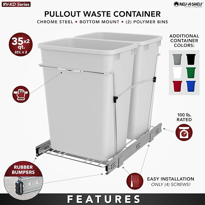Rev-A-Shelf RV-18KD-2218C-S Double Pullout Trash Cans for Kitchen Cabinets 35 Quart Garbage Recycling Bin on Full Slides, Blue/Black