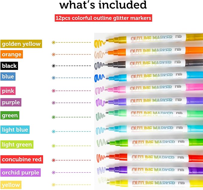 Incraftables Outline Glitter Markers (12 Colors) – Metallic, Double Line Pens, Shimmer Markers for Crafts, Greeting Cards, Drawing