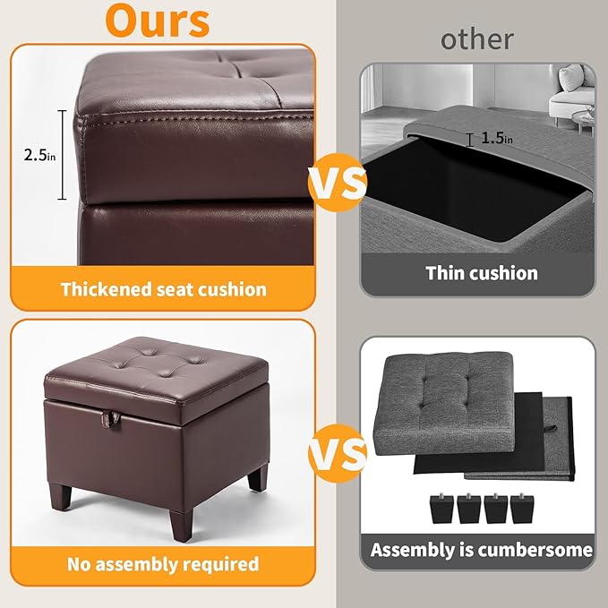 Asense 17 Inch Storage Ottoman Foot Rest,Square Faux Leather Foot Stool,Small Ottoman with Storage,Padded Seat for Entryway,Living Room,Bedroom,Couch,Under Desk,Brown